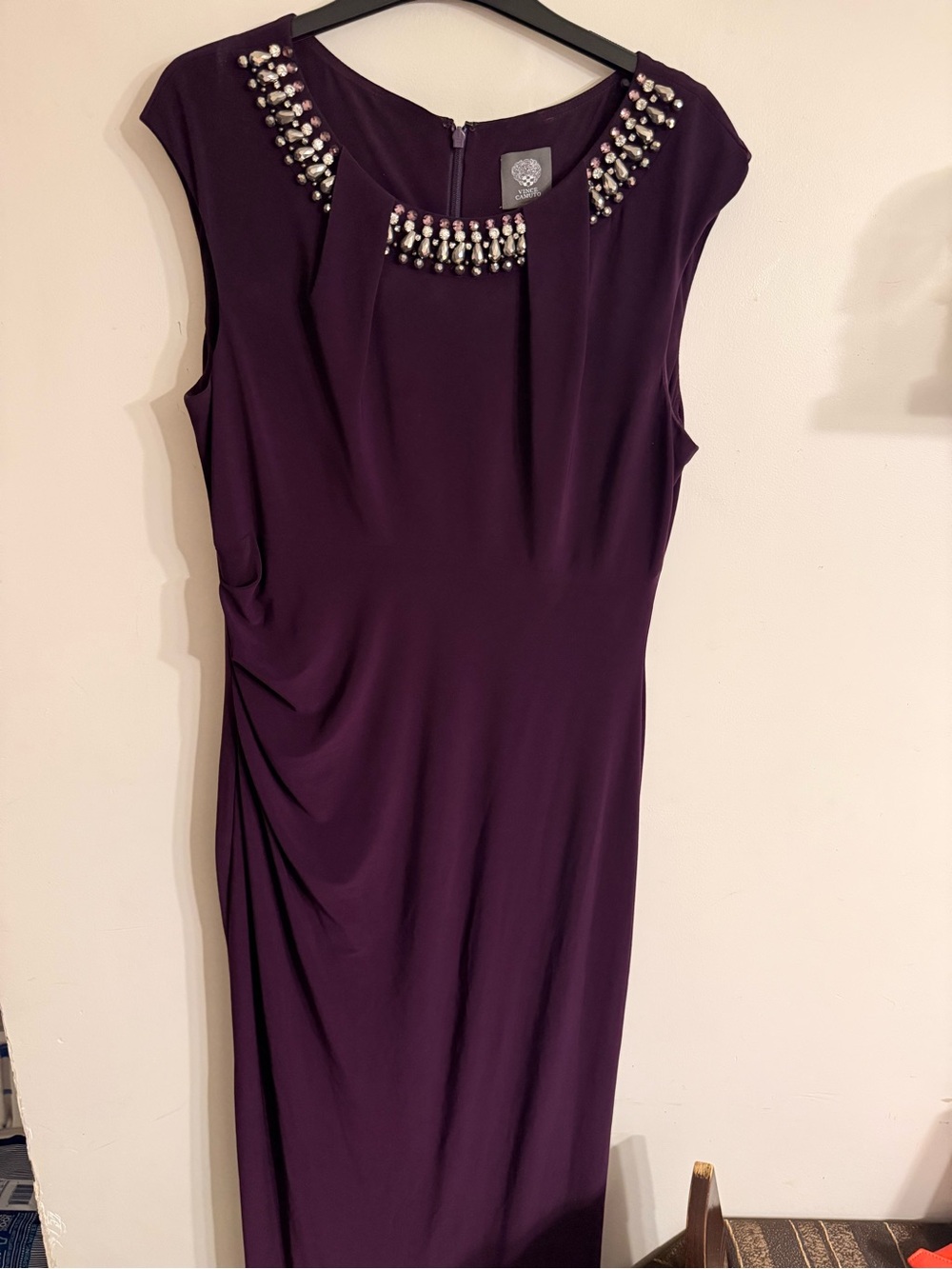 Vince Camuto Plum Strapless Evening Gown with Beaded Neckline